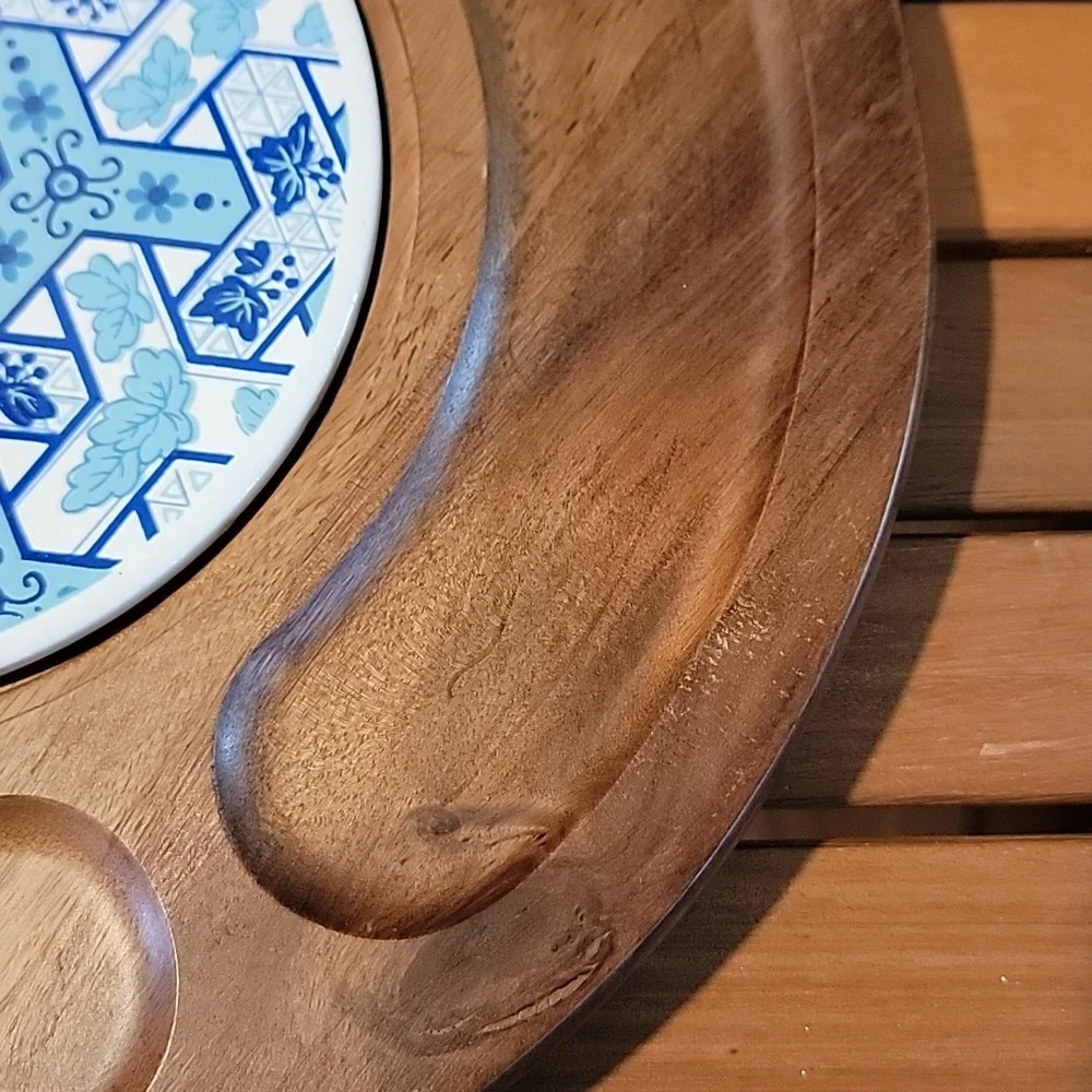 Vintage Gail Craft MCM‎ Wood Blue Porcelain Cheese Charcuterie Board